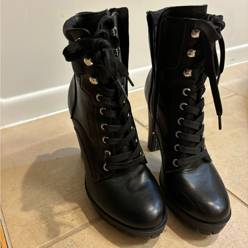 Women's Talore Heeled Hikers Lug Sole Lace Up Bootie by Guess